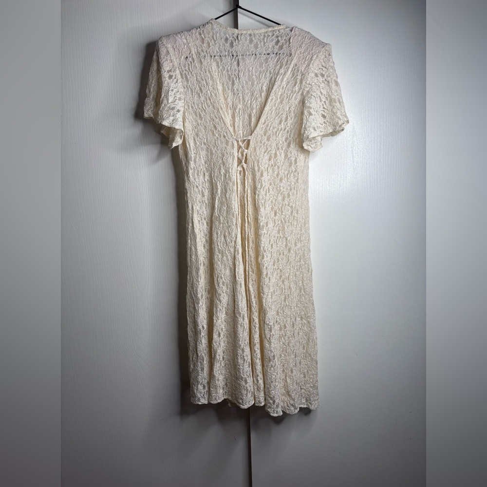 Vintage 90s Ivory Lace Midi Dress Pearl Buttons Cottagecore XL - Picture 8 of 9